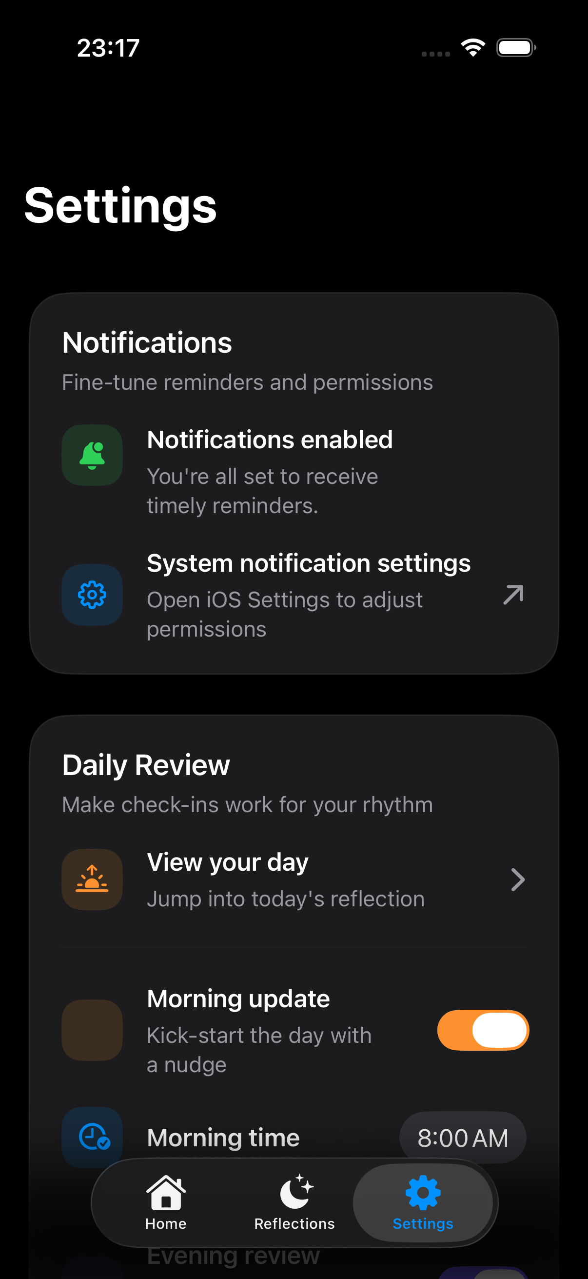 Settings screen with notification preferences and review reminders